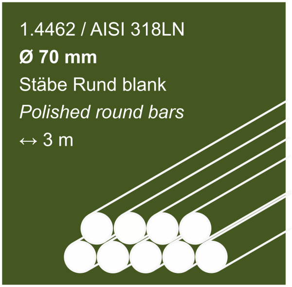 Edelstahlstäbe aus 1.4462 (318LN), 70 mm Durchmesser, 3000 mm lang, auf einem olivgrünen Hintergrund abgebildet